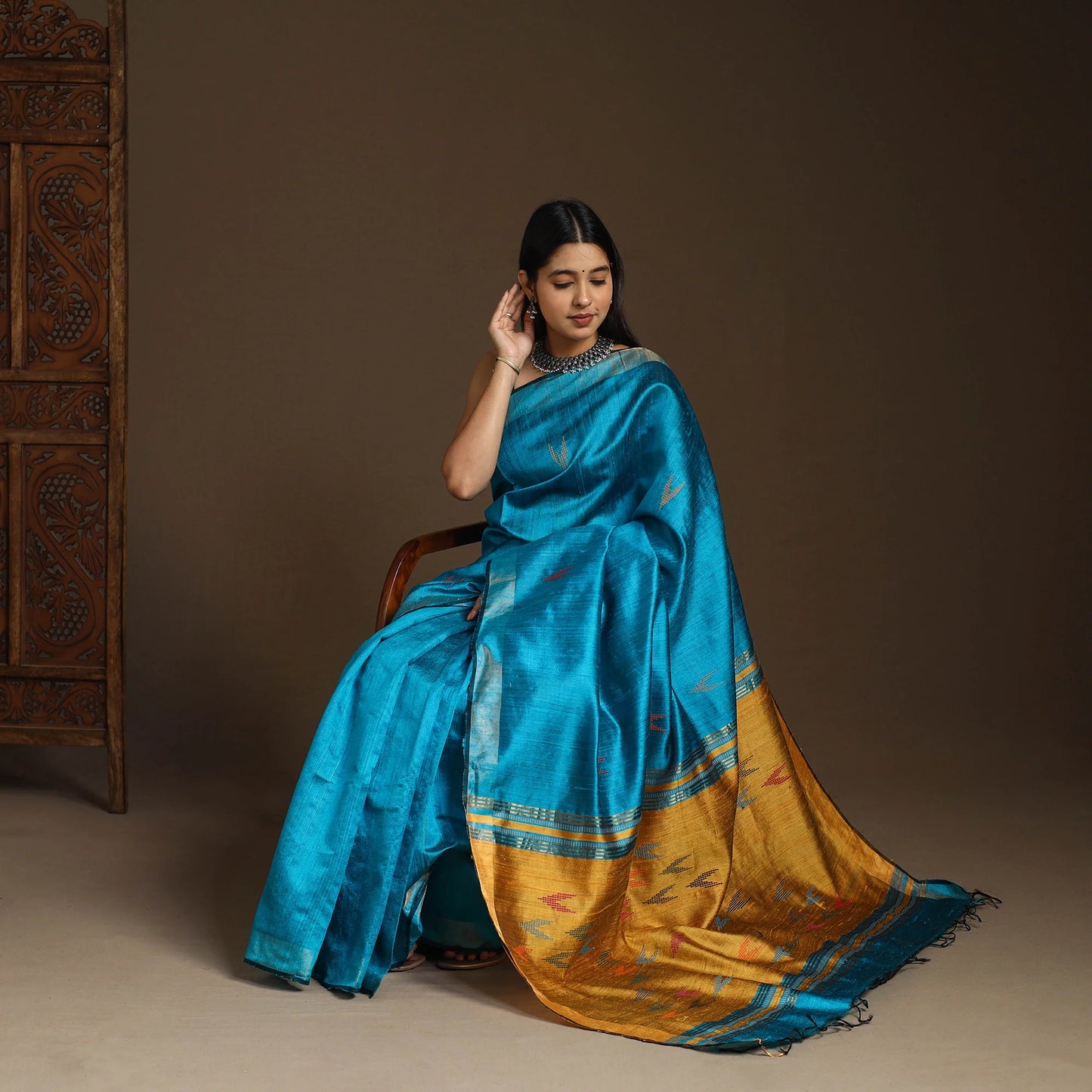 Blue Bhagalpuri Pure Desi Tussar Silk Handloom Saree with Zari Border