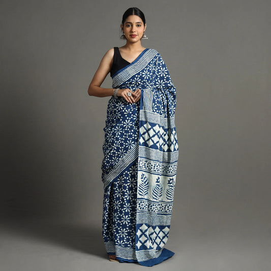 Blue Pipad Hand Block Printed Cotton Saree