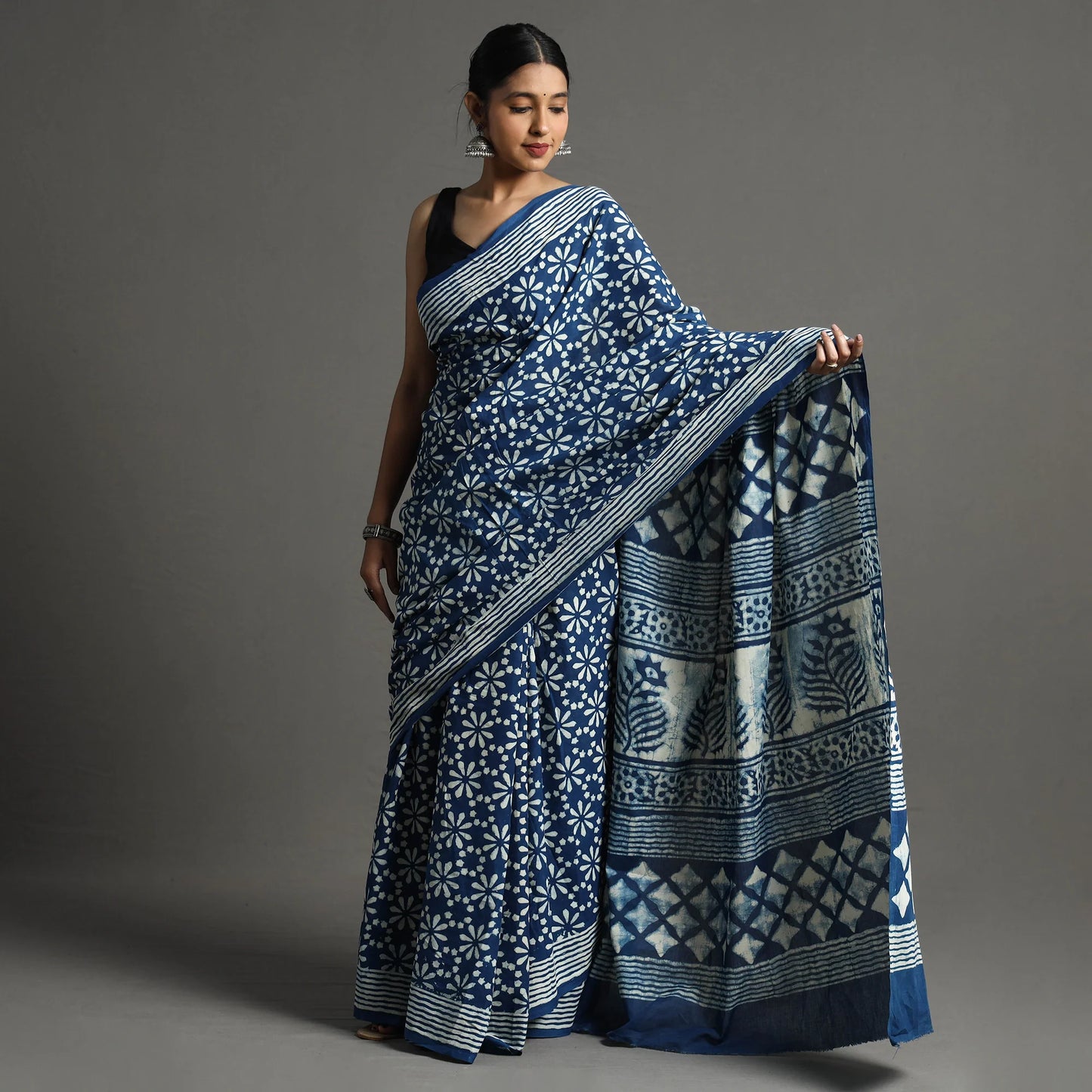 Blue Pipad Hand Block Printed Cotton Saree