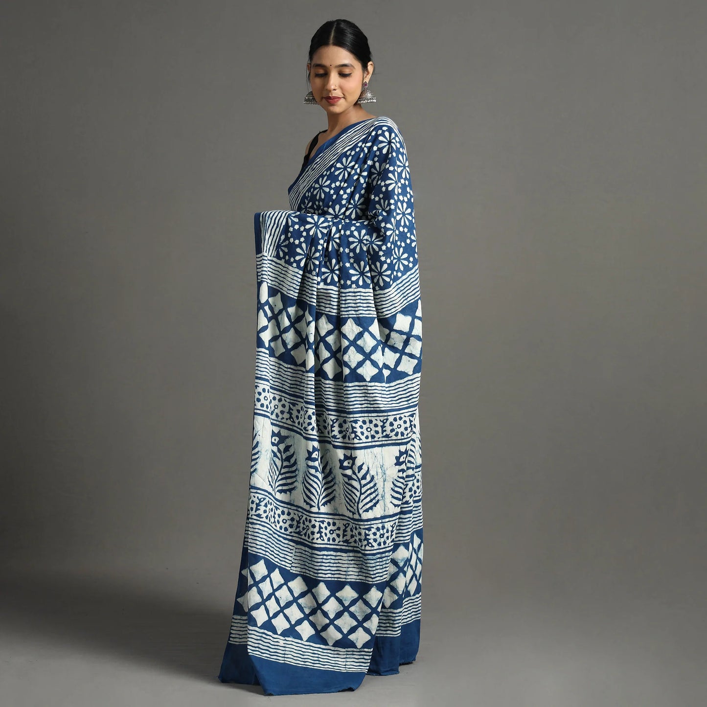 Blue Pipad Hand Block Printed Cotton Saree
