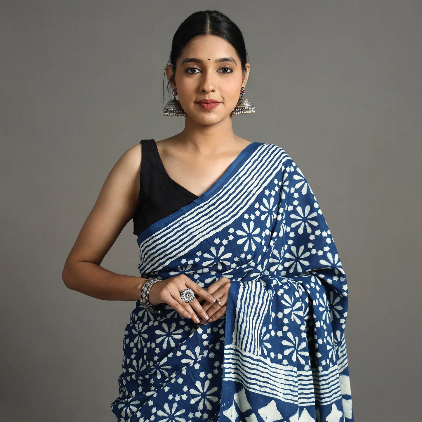 Blue Pipad Hand Block Printed Cotton Saree