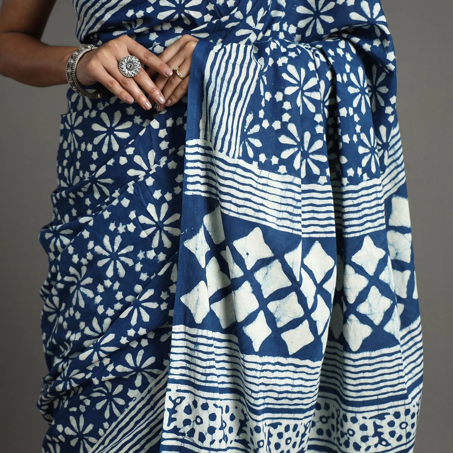Blue Pipad Hand Block Printed Cotton Saree