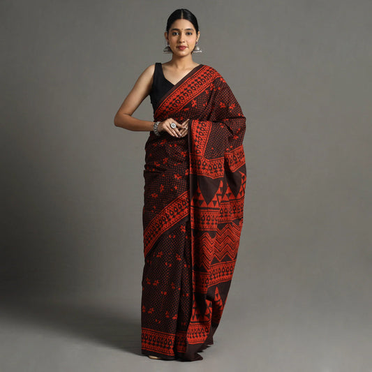 Red Pipad Hand Block Printed Cotton Saree