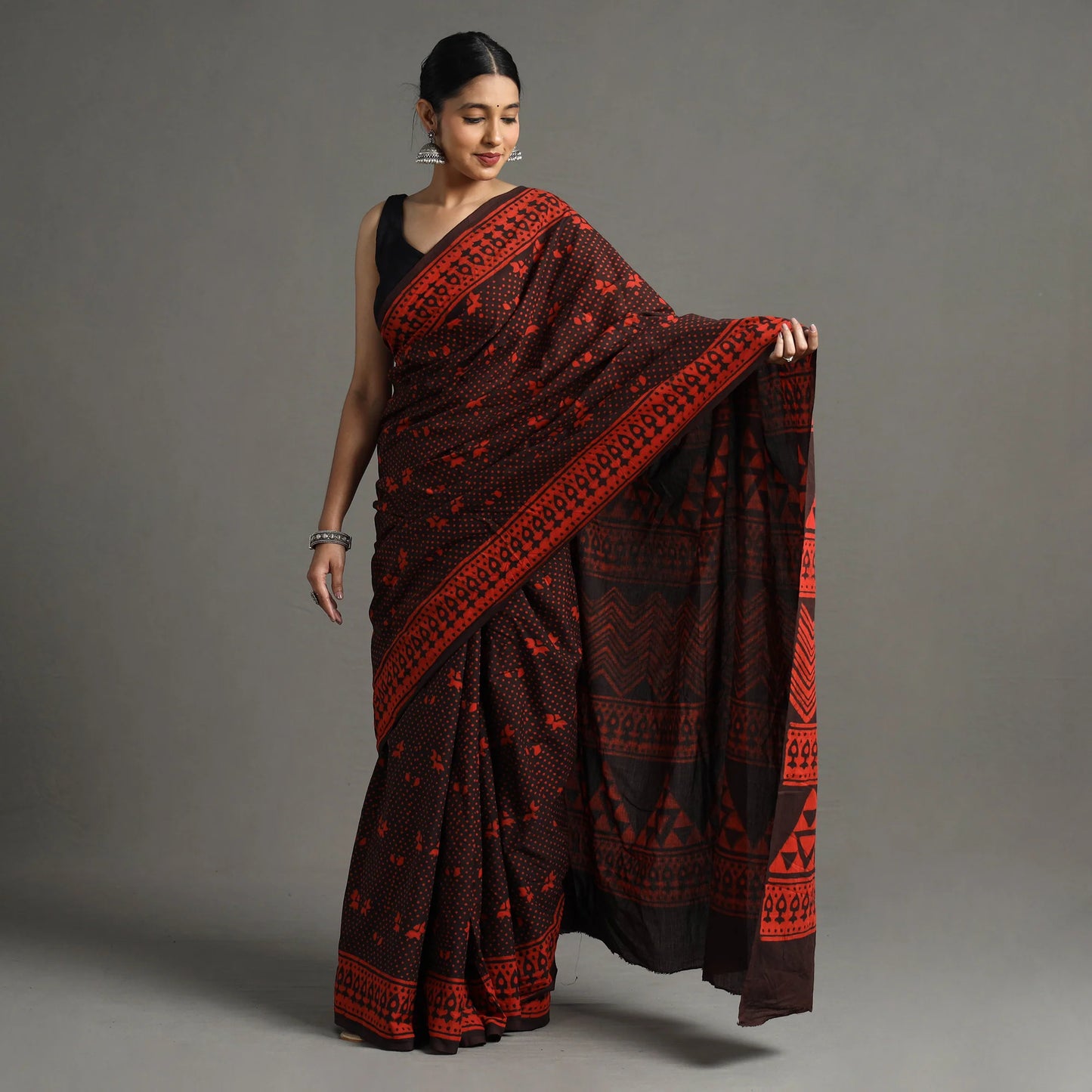 Red Pipad Hand Block Printed Cotton Saree