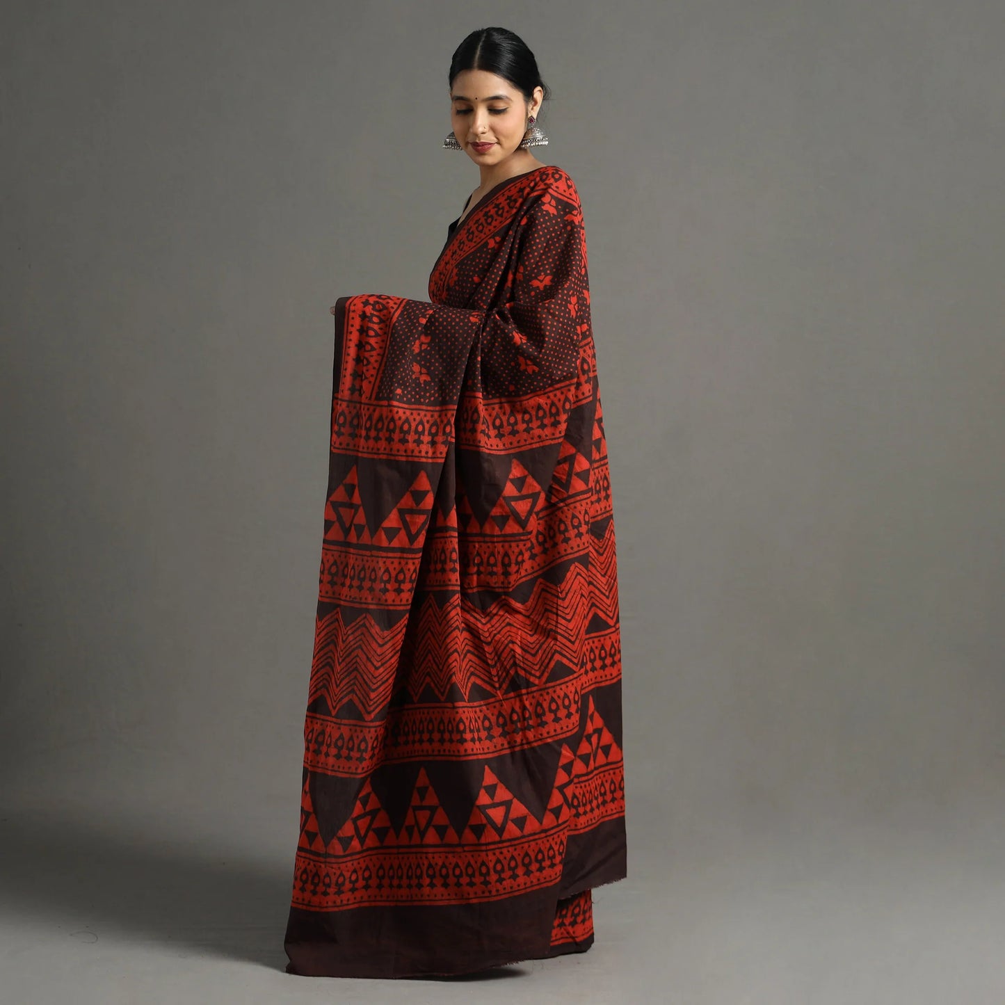 Red Pipad Hand Block Printed Cotton Saree