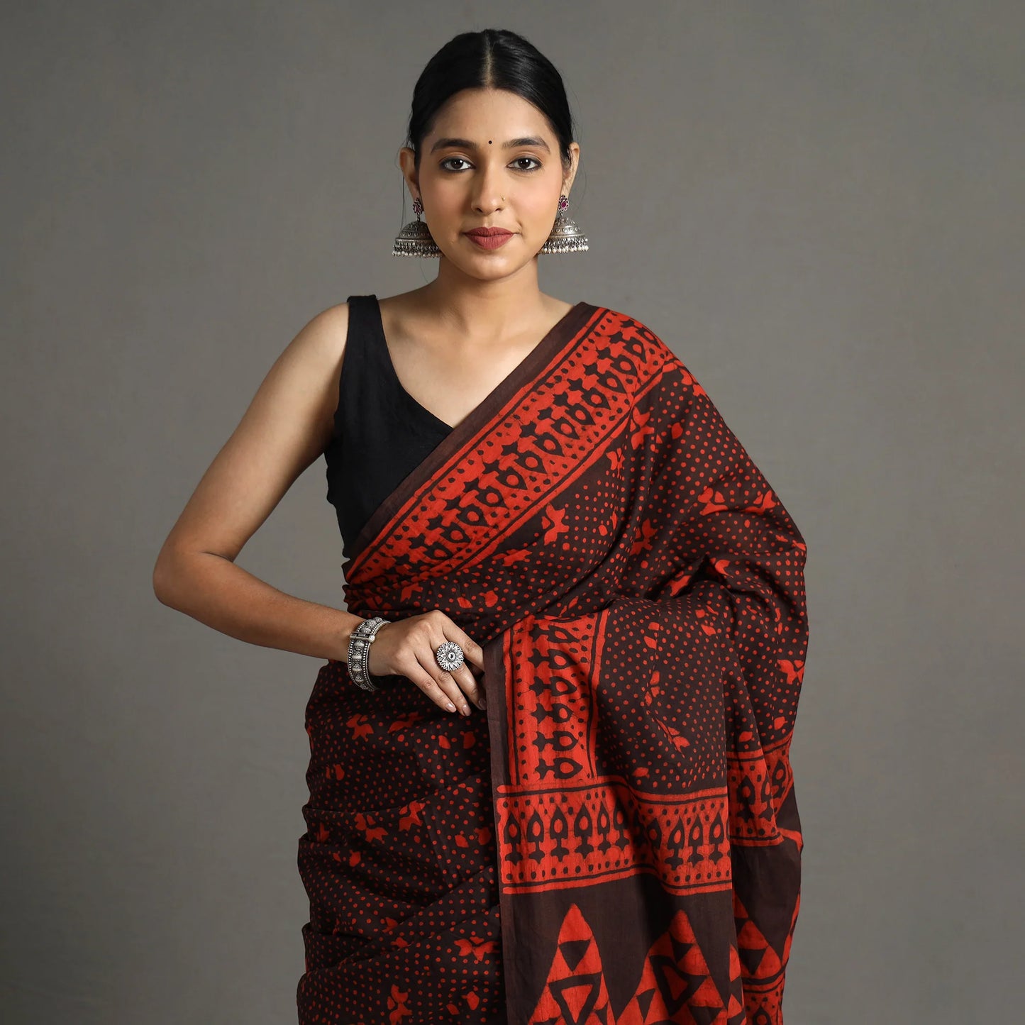 Red Pipad Hand Block Printed Cotton Saree