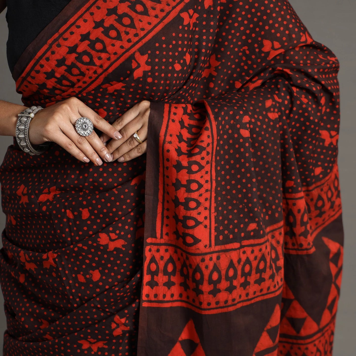 Red Pipad Hand Block Printed Cotton Saree