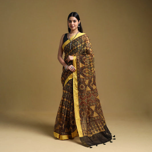 Yellow Natural Dyed Block Print Kota Doria Cotton Ajrakh Saree