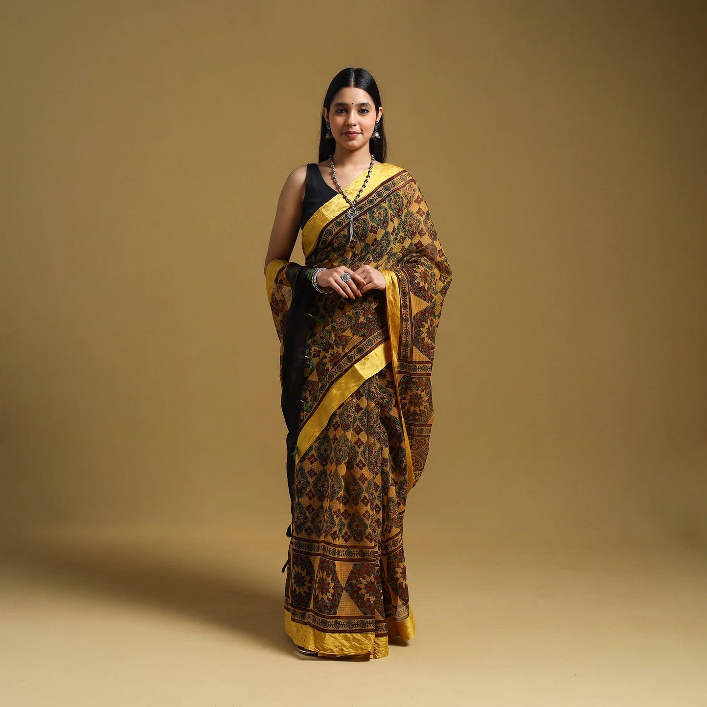 Yellow Natural Dyed Block Print Kota Doria Cotton Ajrakh Saree