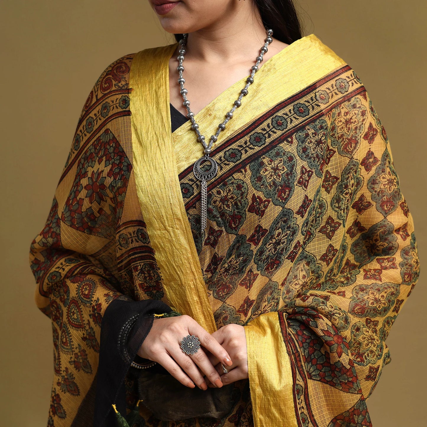 Yellow Natural Dyed Block Print Kota Doria Cotton Ajrakh Saree