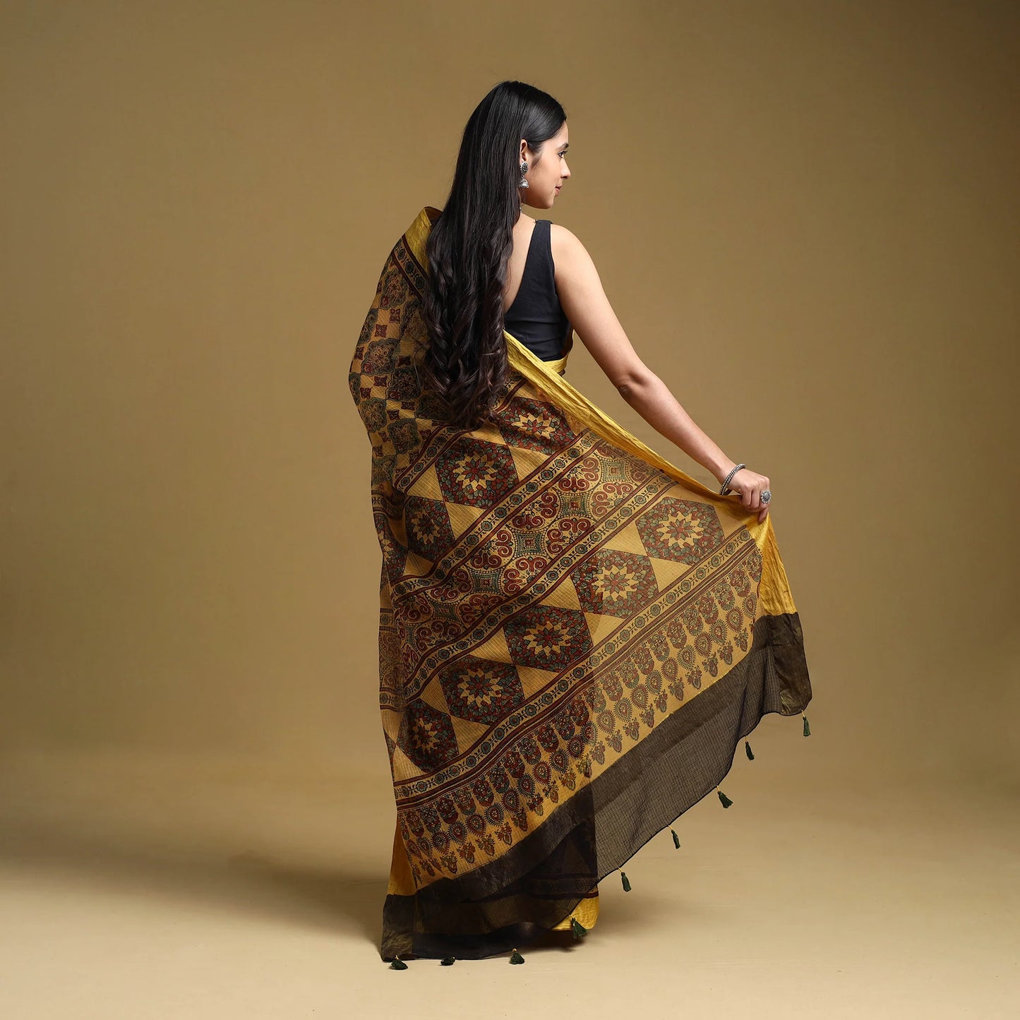 Yellow Natural Dyed Block Print Kota Doria Cotton Ajrakh Saree