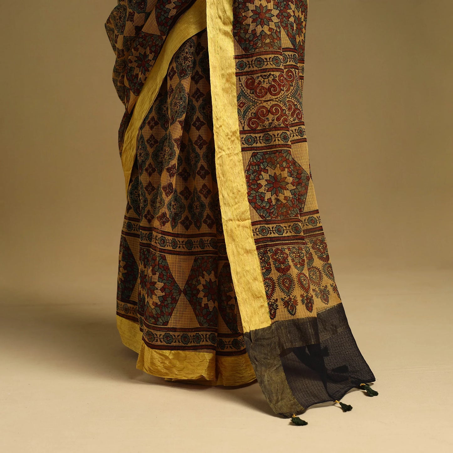Yellow Natural Dyed Block Print Kota Doria Cotton Ajrakh Saree