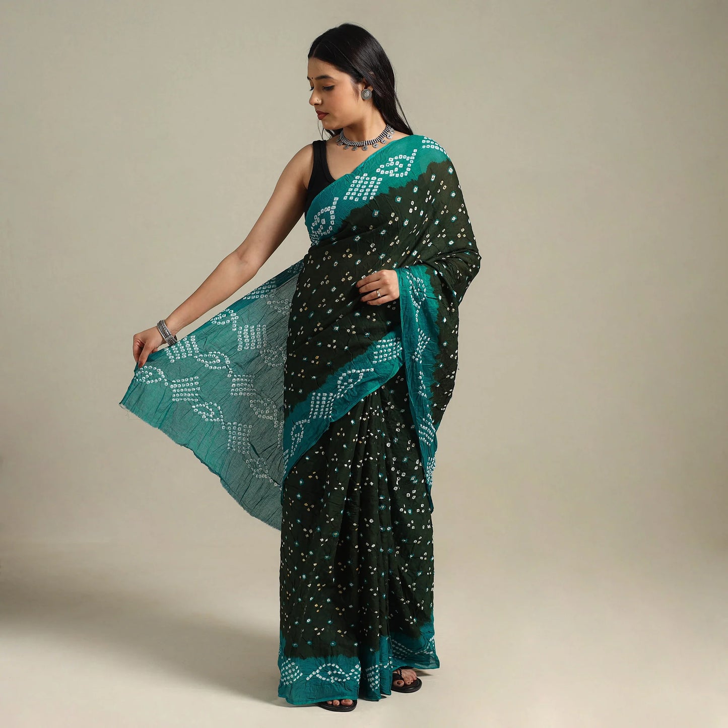 Green Kutch Cotton Bandhani Saree