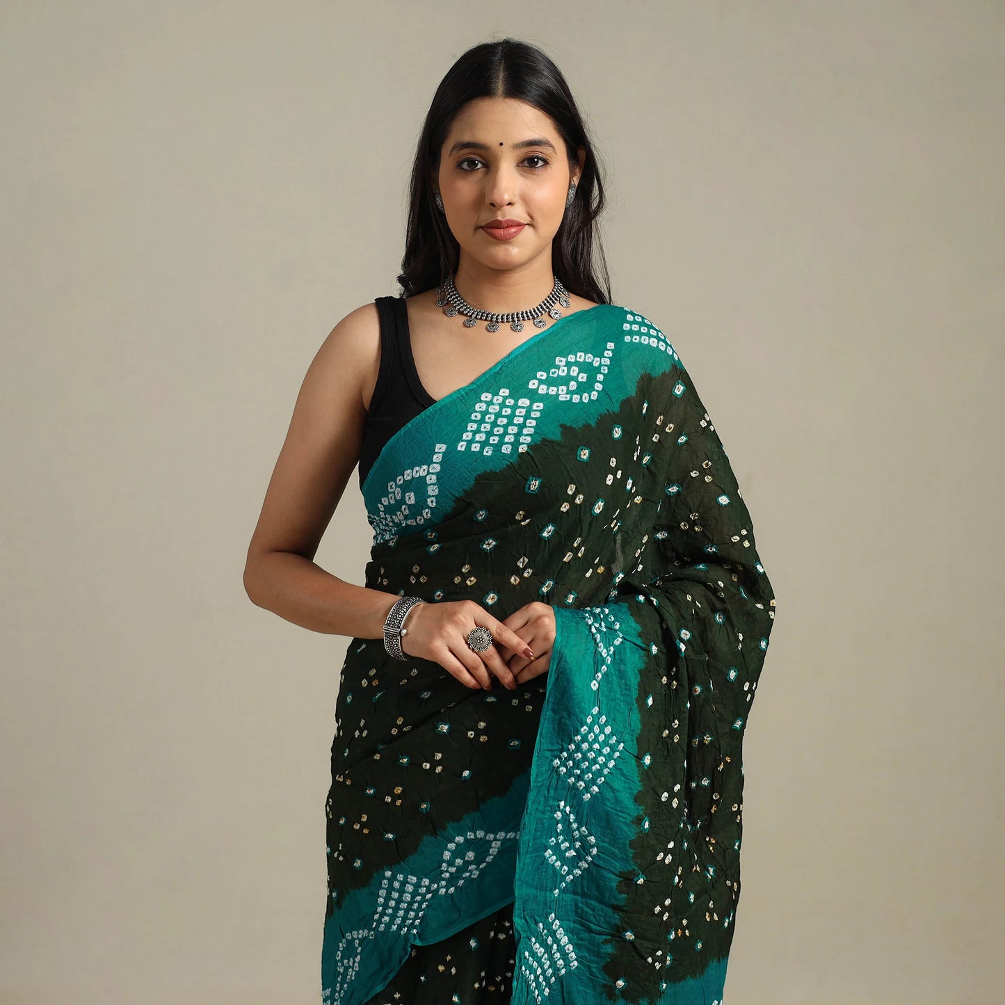 Green Kutch Cotton Bandhani Saree