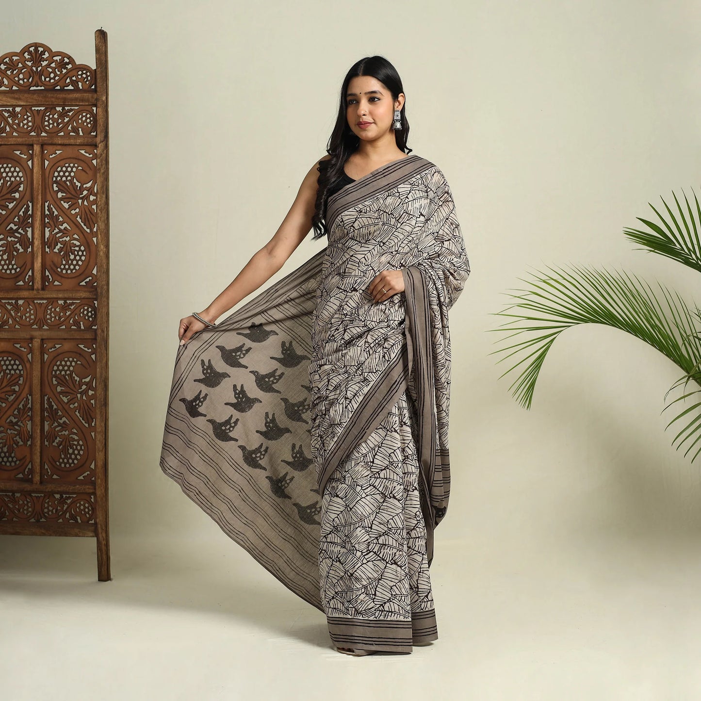 Grey Bindaas Art Natural Dyed Cotton Block Print Saree