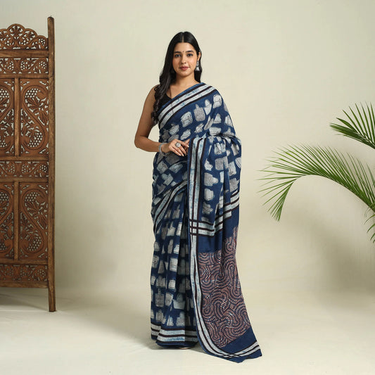 Blue Bindaas Art Natural Dyed Cotton Block Print Saree