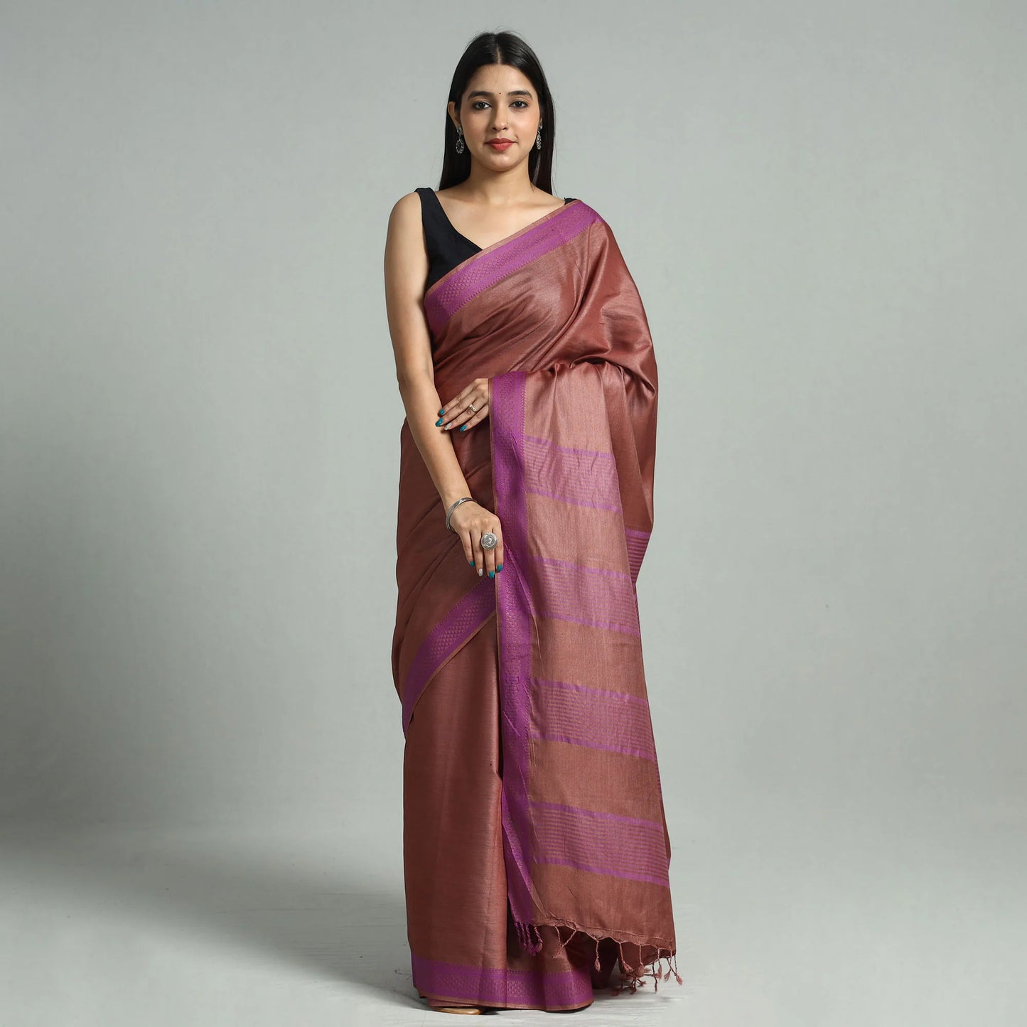 Brown Vidarbha Bamboo Tussar Cotton Dobby Border Handloom Saree