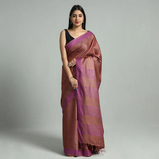 Brown Vidarbha Bamboo Tussar Cotton Dobby Border Handloom Saree