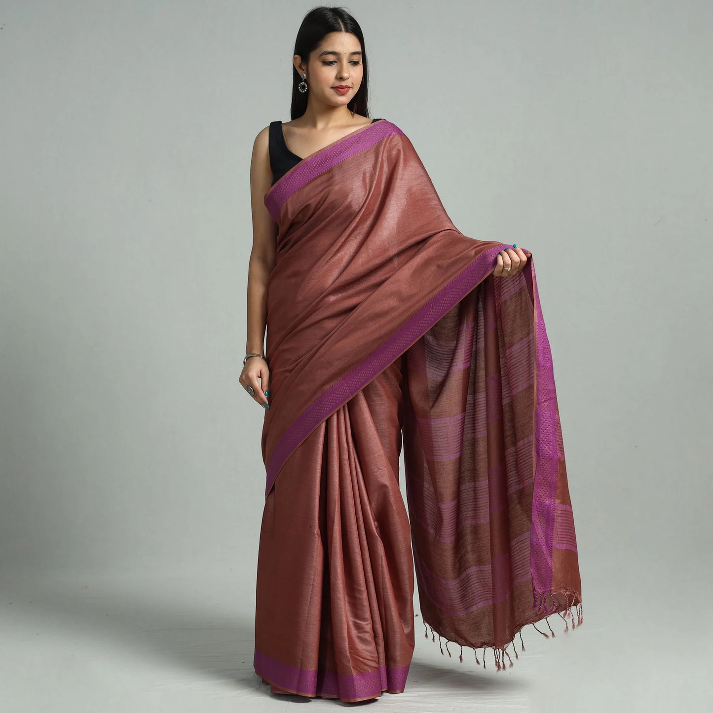 Brown Vidarbha Bamboo Tussar Cotton Dobby Border Handloom Saree
