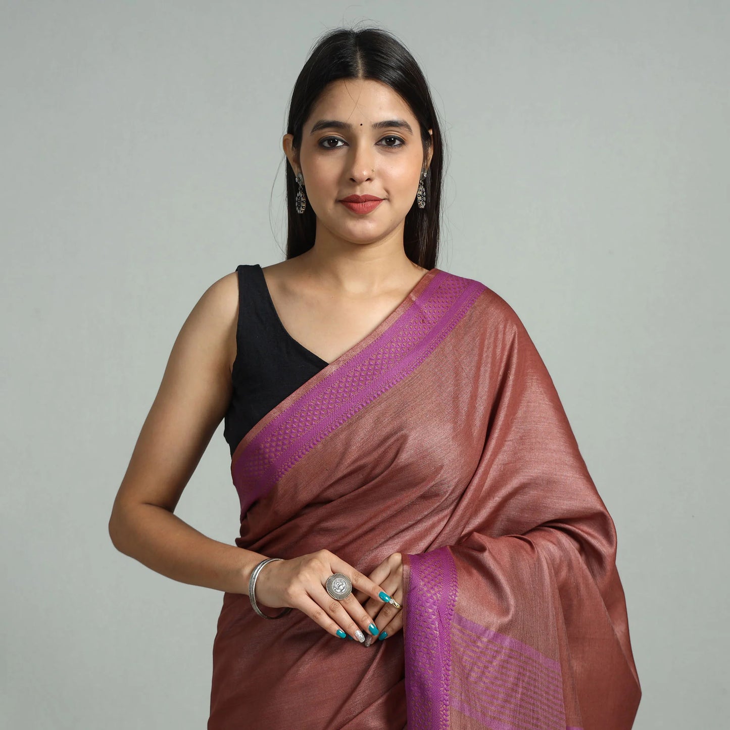 Brown Vidarbha Bamboo Tussar Cotton Dobby Border Handloom Saree