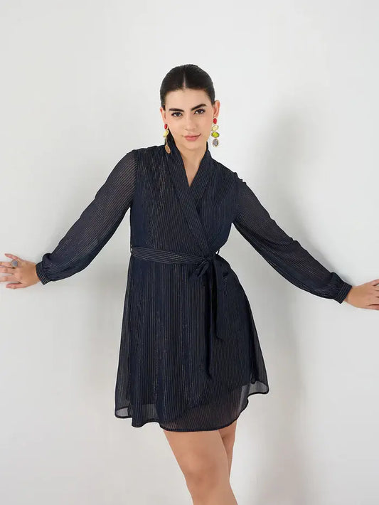 Femella Navy Belted Lapel Collar Mini Dress