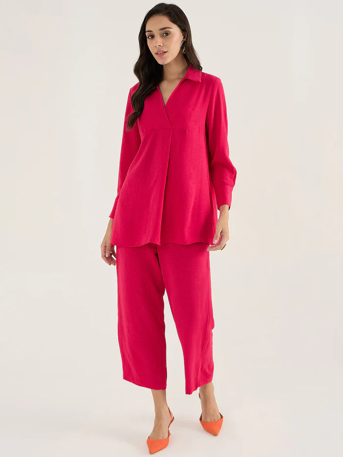Femella Hot Pink Solid Shirt Collar Co-ord Set