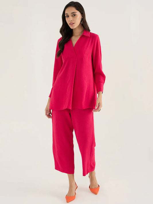 Femella Hot Pink Solid Shirt Collar Co-ord Set