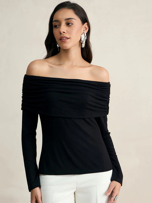 Femella Black Knit Bandeau Ruched Detail Top