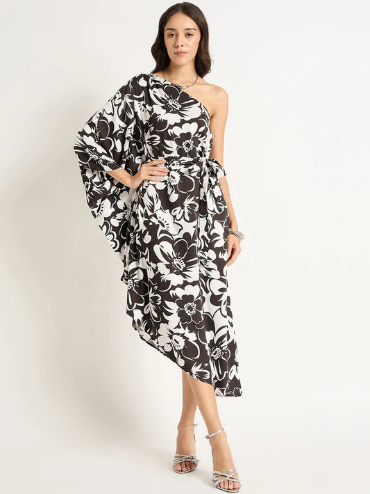 Black And White Floral One-Shoulder Kimono Sleeve Asymmetrical Midi Dress