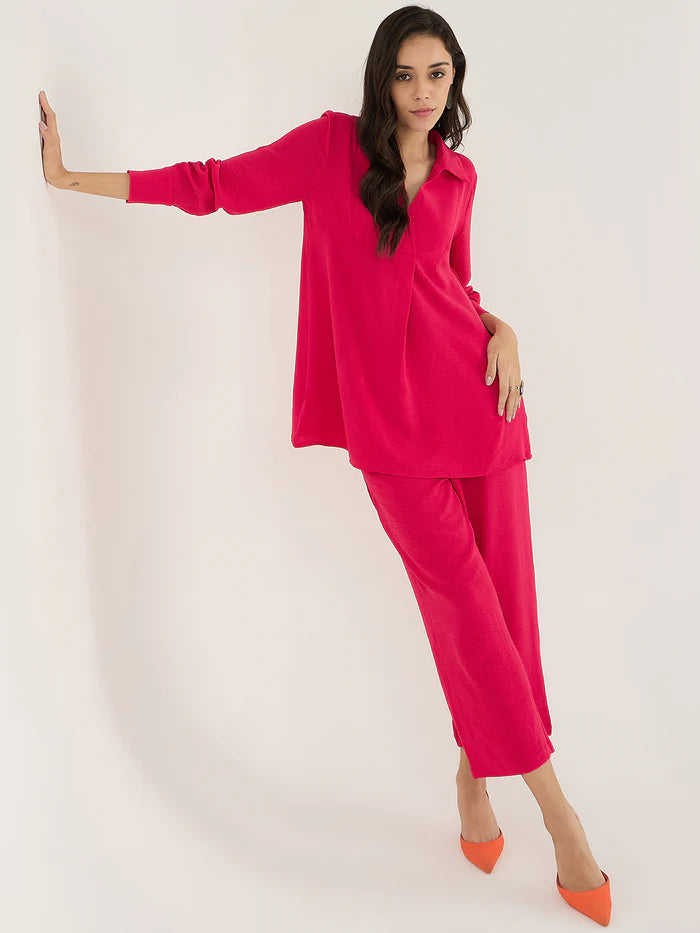 Femella Hot Pink Solid Shirt Collar Co-ord Set