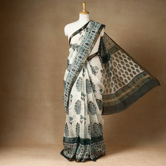 Green Chanderi Silk Sanganeri Saree with Zari Border