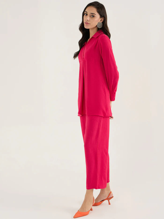 Femella Hot Pink Solid Shirt Collar Co-ord Set