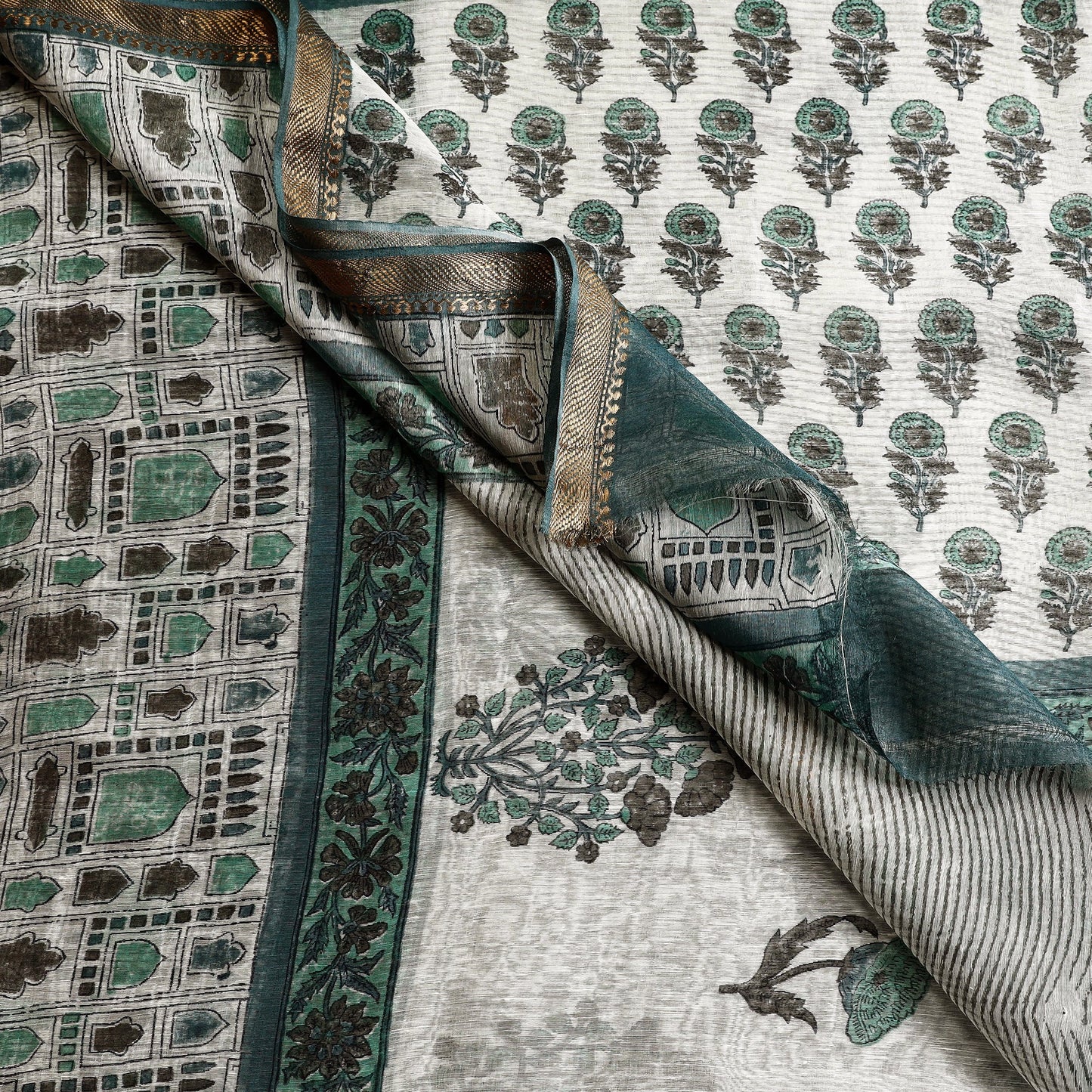 Green Chanderi Silk Sanganeri Saree with Zari Border