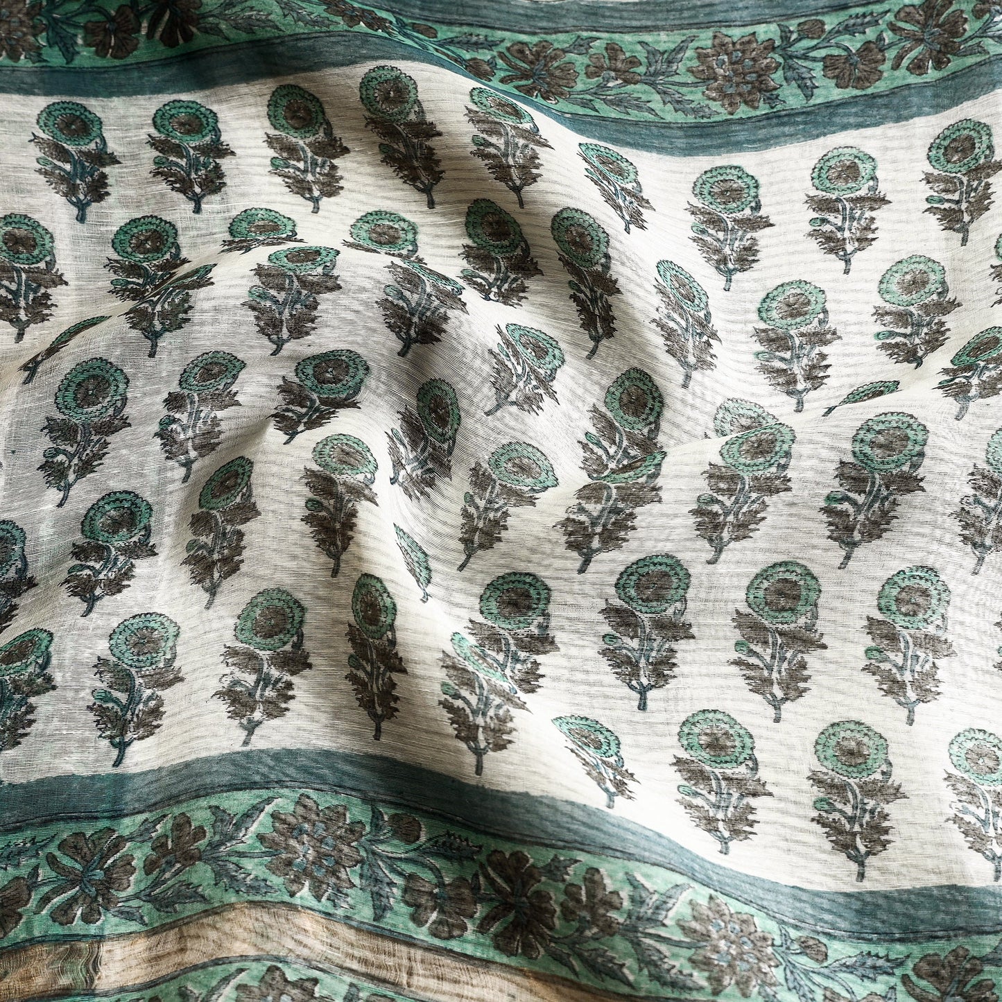 Green Chanderi Silk Sanganeri Saree with Zari Border