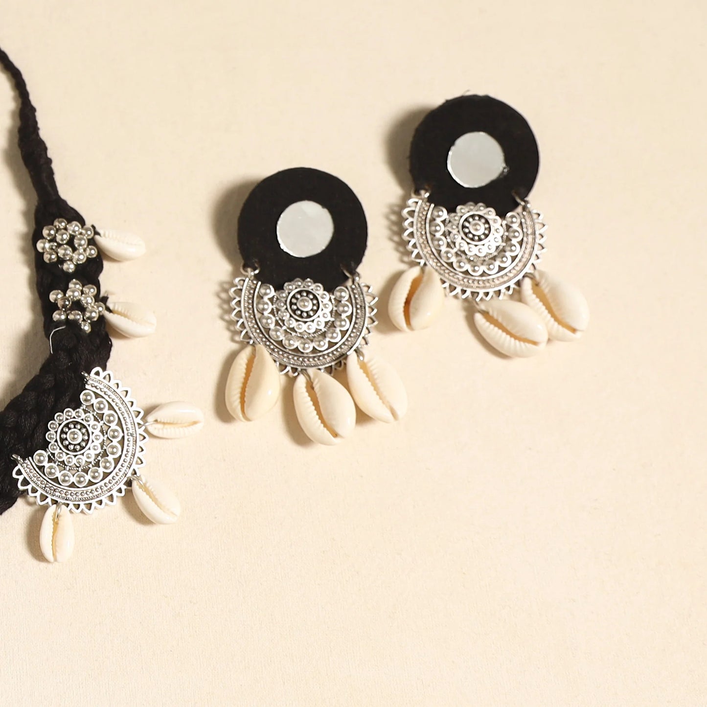 Handcrafted Black German Silver Shell-Work Necklace Set.  - Navratri Special