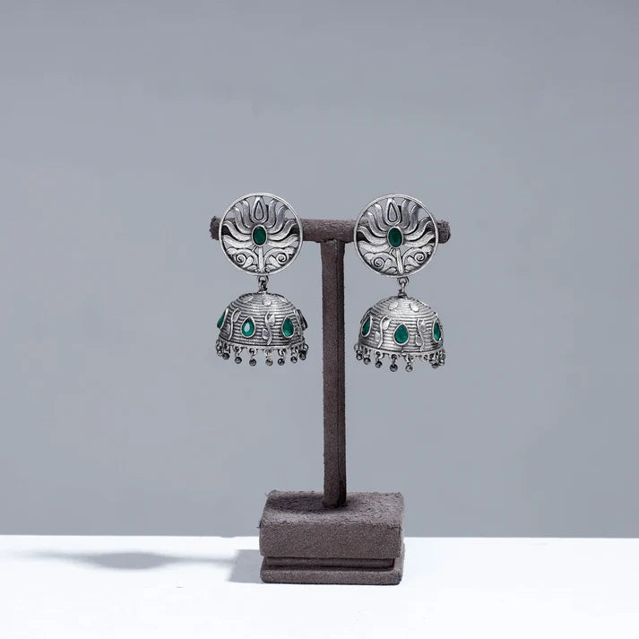 Plumvera Antique Silver Oxidised Stone Work Jhumki Earrings