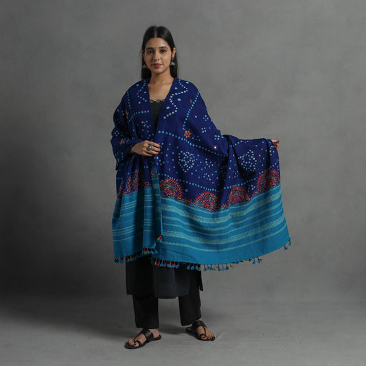 Handwoven Merino Wool Bandhani Shawl with Neran Embroidery