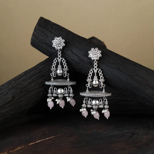 White German Silver-Plated Handcrafted Drop Earrings with Pearls & Stones – Elegant Oxidised Jewelry from India