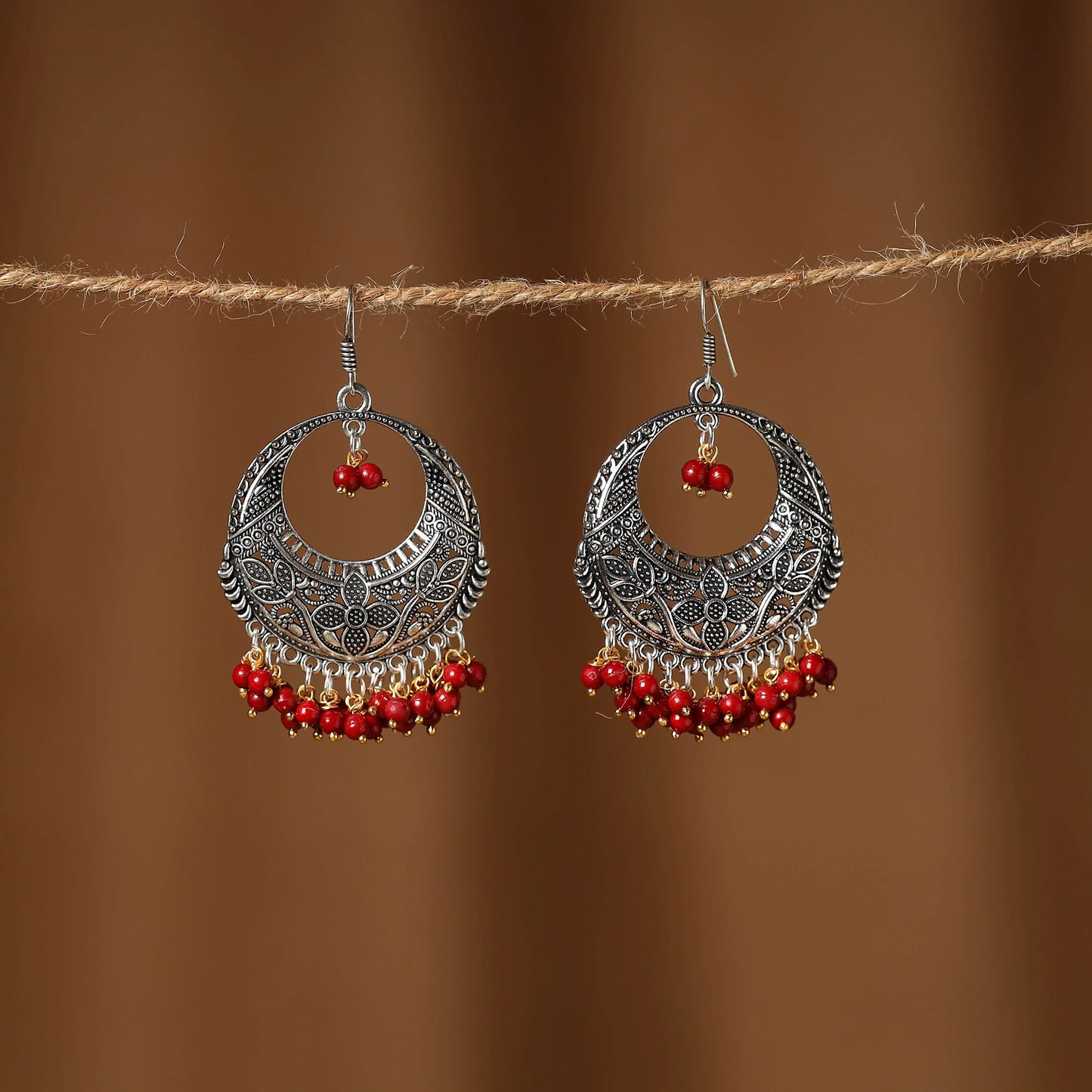 Red - Navya German Silver Beaded Handcrafted Red Oxidised German Silver Earrings with Intricate Beadwork – Elegant Artisanal Jewelry from India