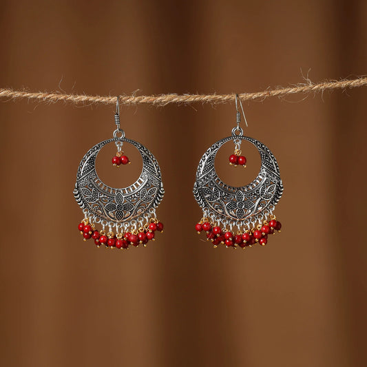 Red - Navya German Silver Beaded Handcrafted Red Oxidised German Silver Earrings with Intricate Beadwork – Elegant Artisanal Jewelry from India