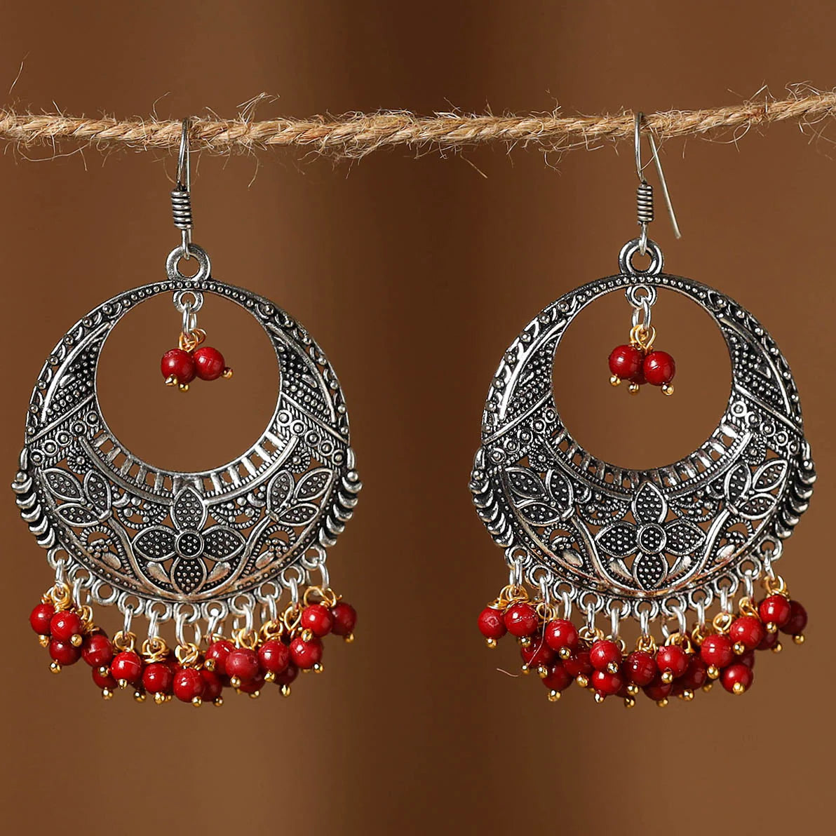 Red - Navya German Silver Beaded Handcrafted Red Oxidised German Silver Earrings with Intricate Beadwork – Elegant Artisanal Jewelry from India