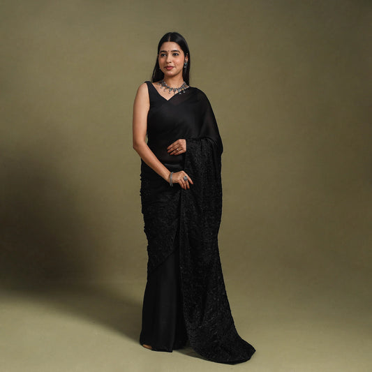 Elegant Black Phulkari Georgette Saree with Traditional Floral Threadwork – Punjabi Heritage Craft