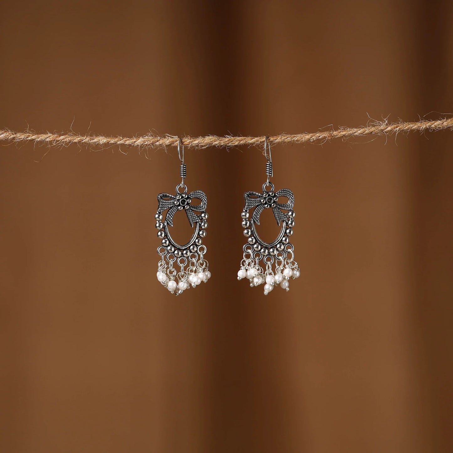 Handcrafted White Oxidised German Silver Earrings with Intricate Beadwork – Elegant Artisan Jewelry from India