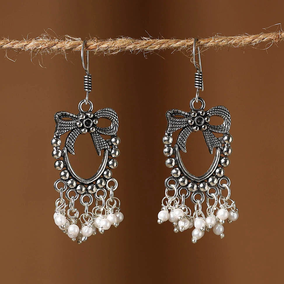 Handcrafted White Oxidised German Silver Earrings with Intricate Beadwork – Elegant Artisan Jewelry from India