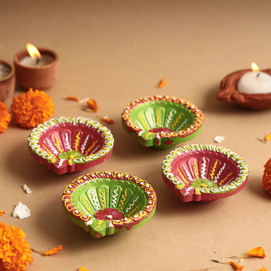 Handpainted Terracotta Diyas – Set of 4 Traditional Festive Clay Lamps for Diwali Décor