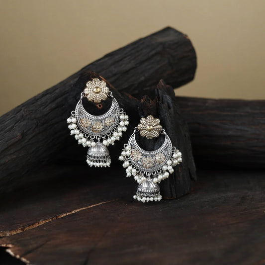 White - German Silver-Plated Classic Chandbali Earrings