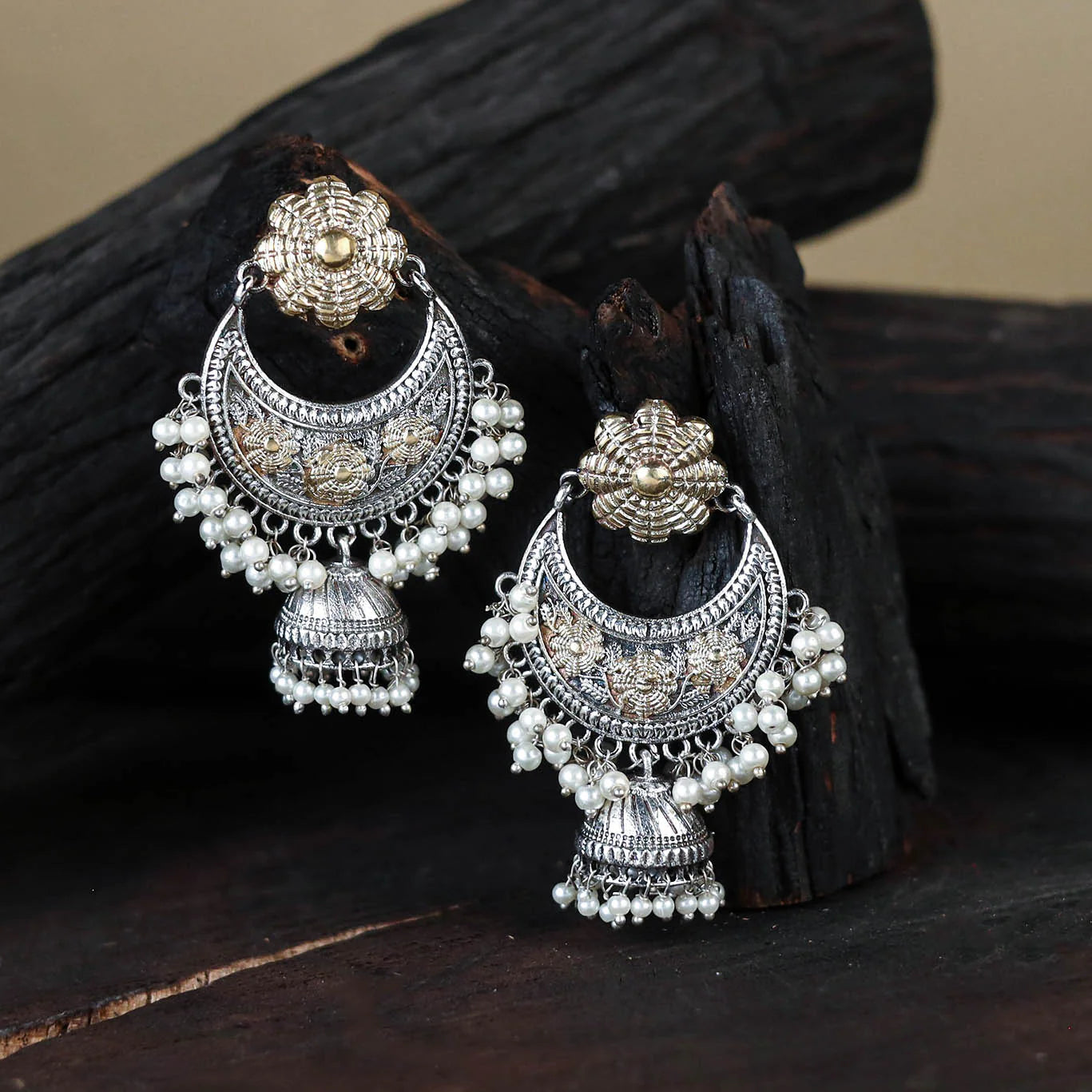 White - German Silver-Plated Classic Chandbali Earrings