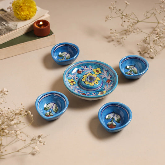 Blue Pottery Ceramic Diya with Agarbatti Stand Set