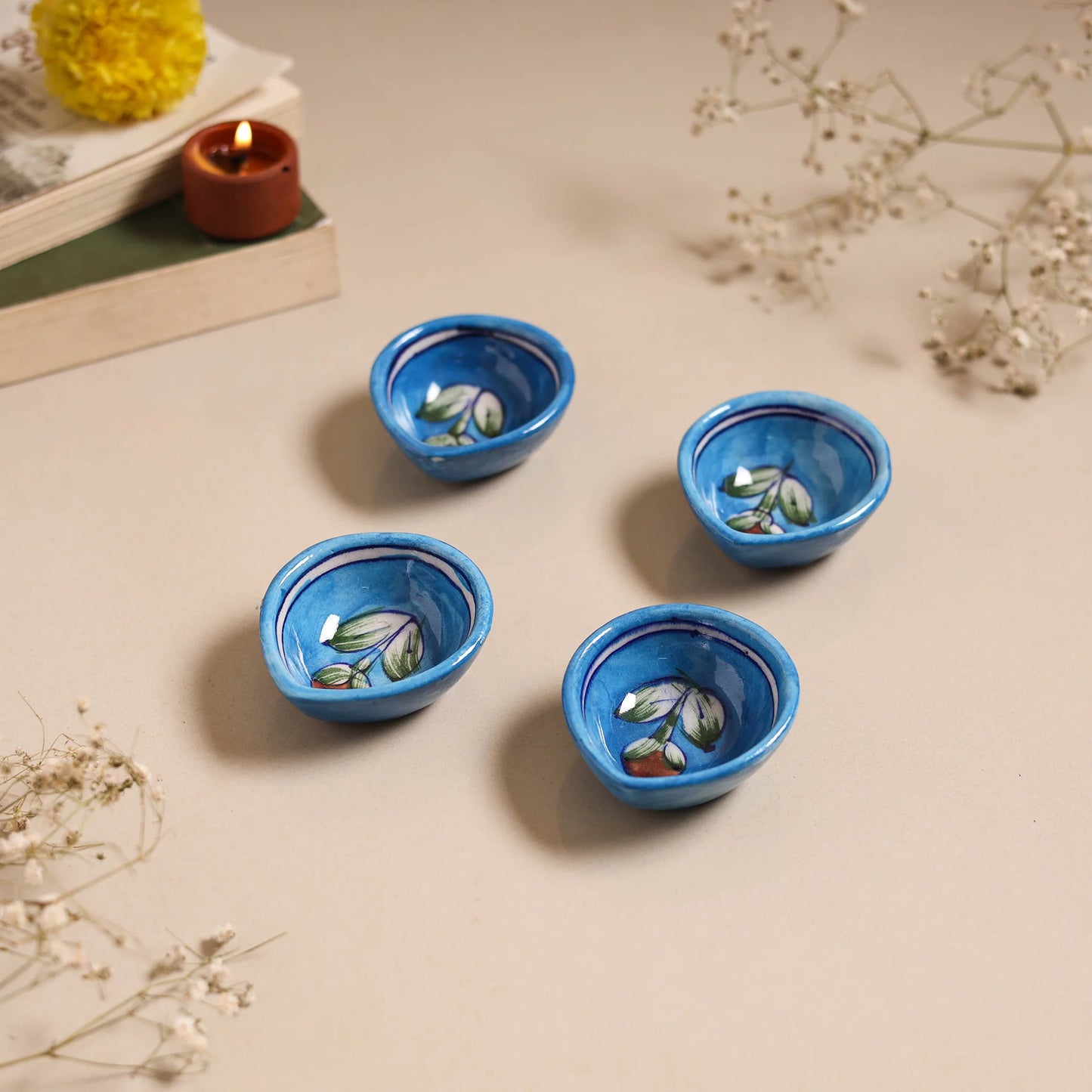 Blue Pottery Ceramic Diya with Agarbatti Stand Set