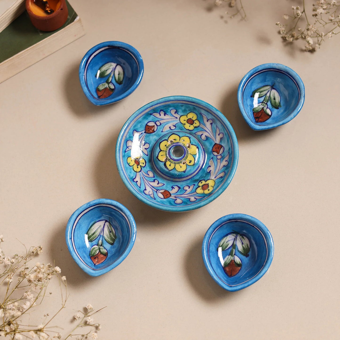 Blue Pottery Ceramic Diya with Agarbatti Stand Set